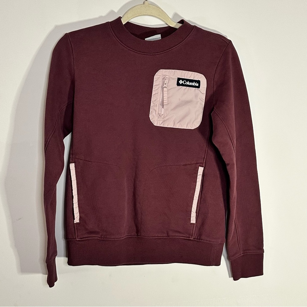 Columbia Women’s Fleece Pullover Sweatshirt‎ – Maroon Pink Trim, Size Small